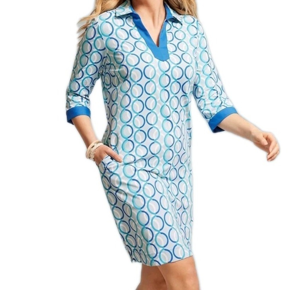 Foxcroft Womens EZ Care Knit Dress Size‎ 3X Blue Geo Angel Circle Links  NWT NEW